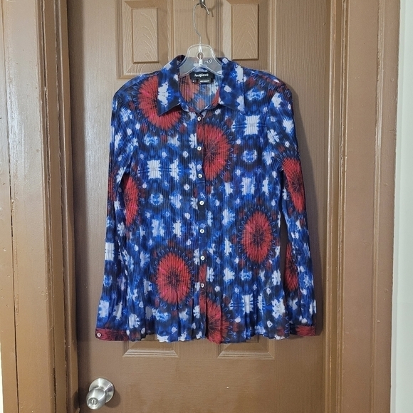 ❤️DESIGUAL Blue red mandala tie dyed pleated long sleeve blouse - Picture 6 of 6